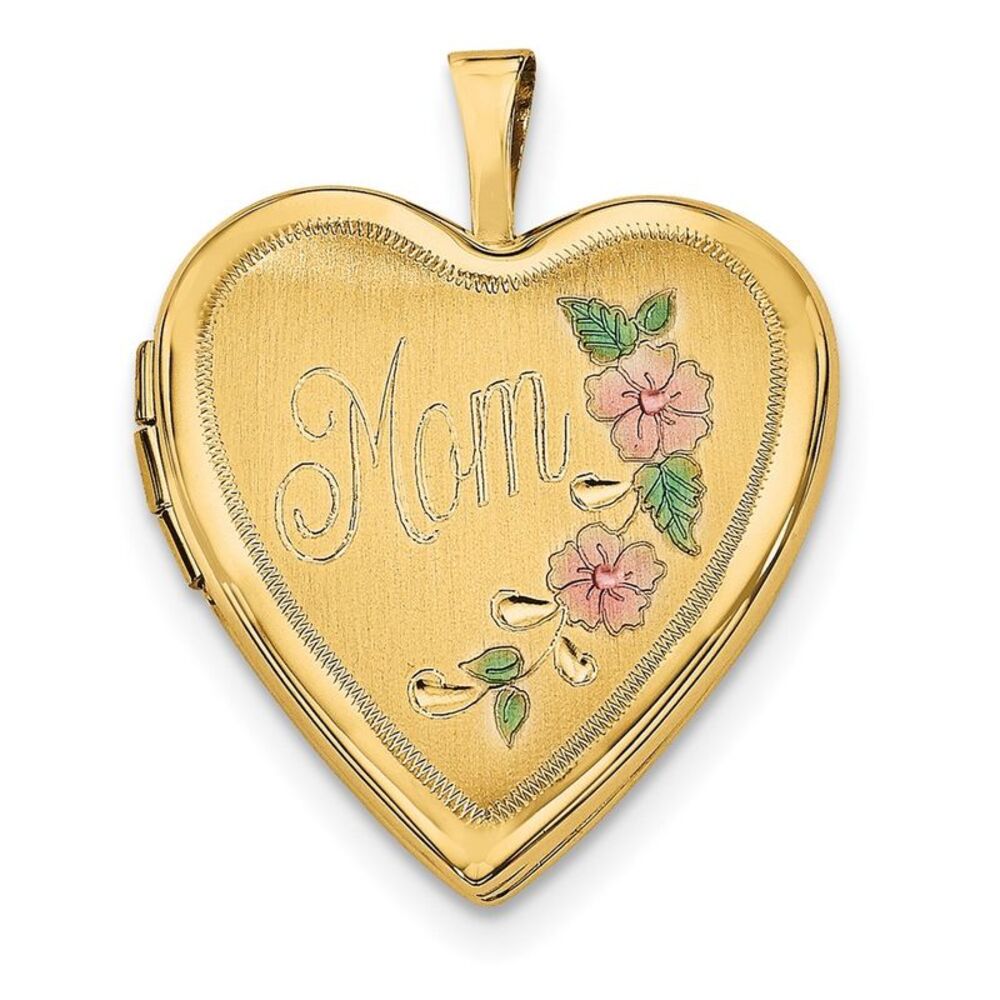 14k Yellow Gold and Enamel Mom Floral Heart Locket, 20mm